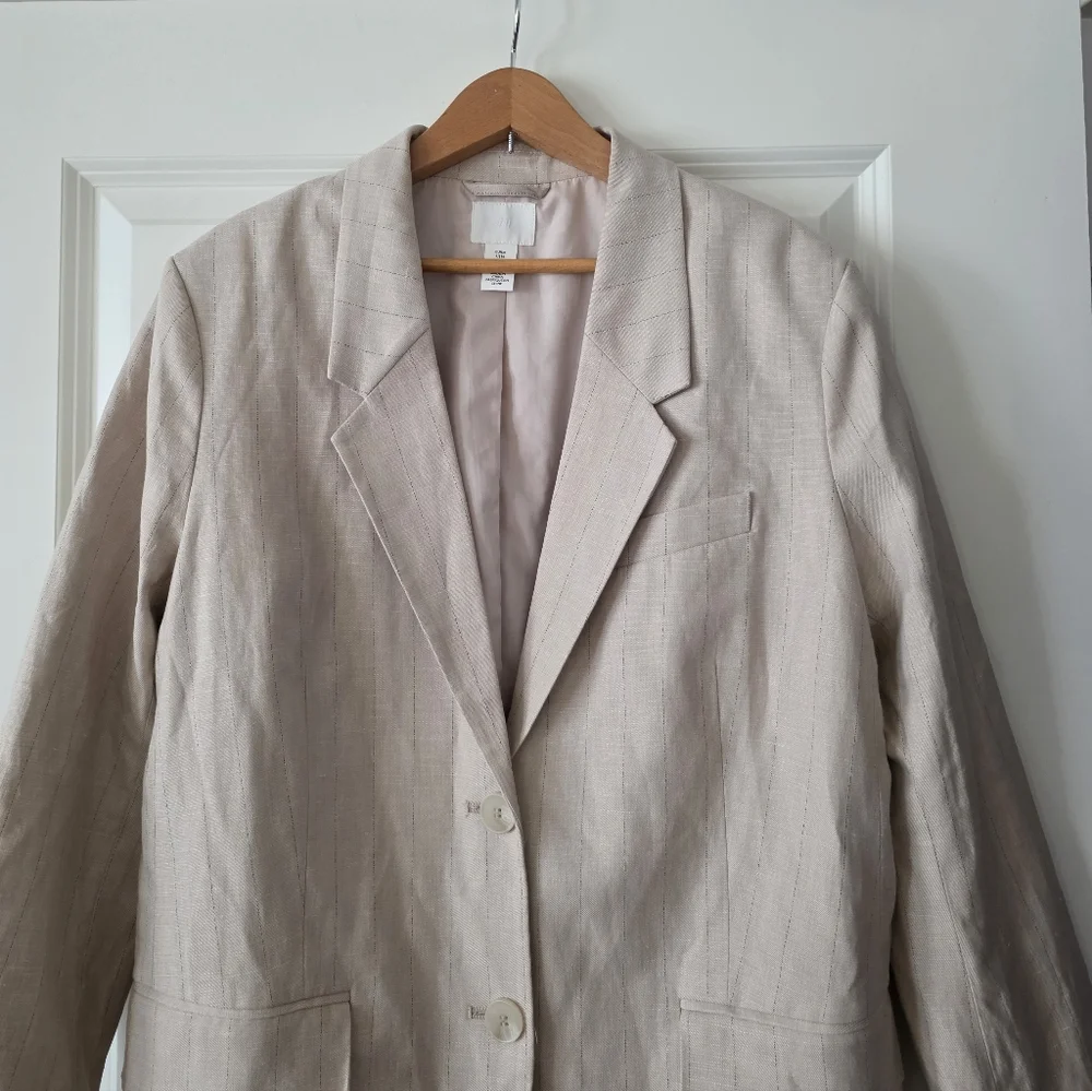 H&M Linen Blend Striped Blazer Womens M Preppy Minimalist Academia Tan Cream